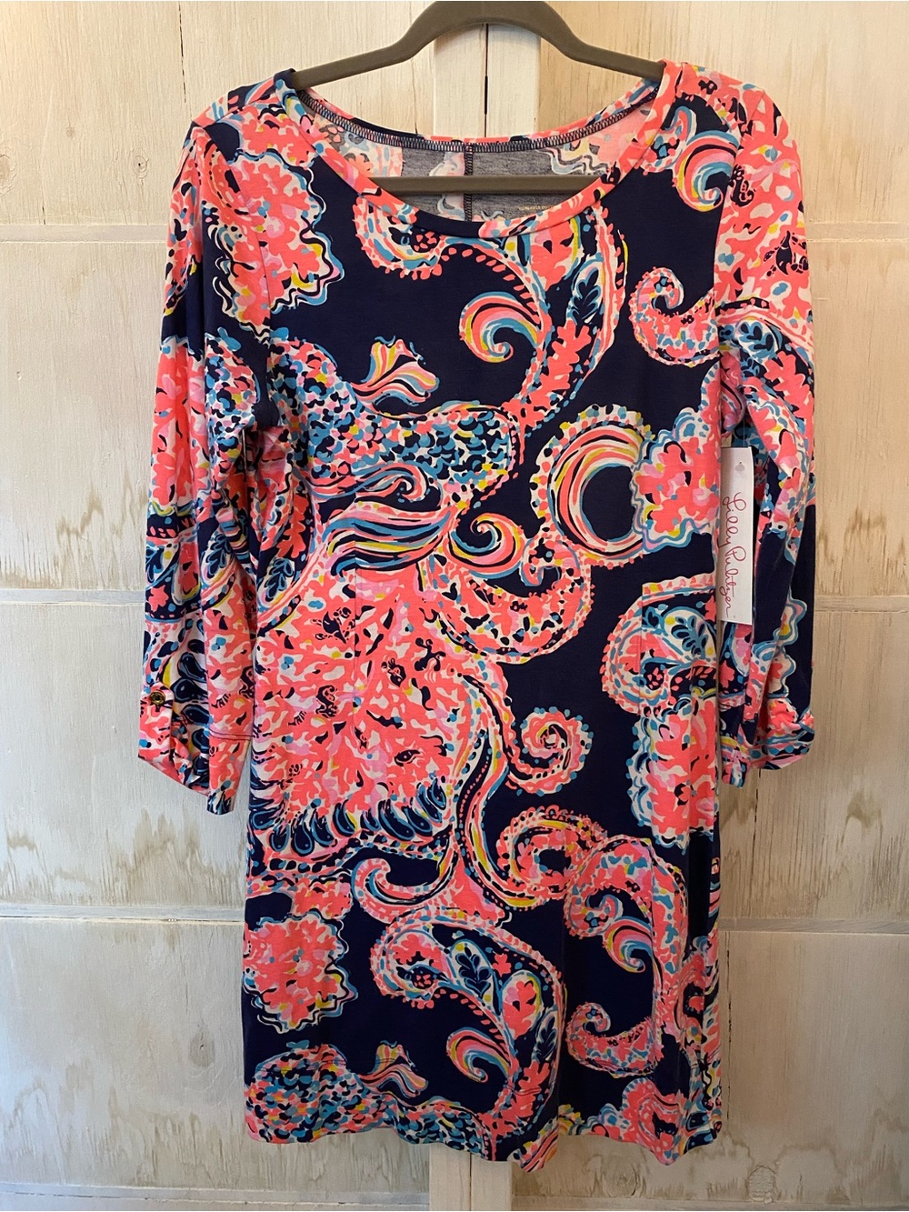 Lilly Pulitzer Navy Coral Paisley Long-Sleeve Shift Dress 3/4 Sleeves NWT Preppy
